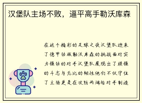 汉堡队主场不败，逼平高手勒沃库森